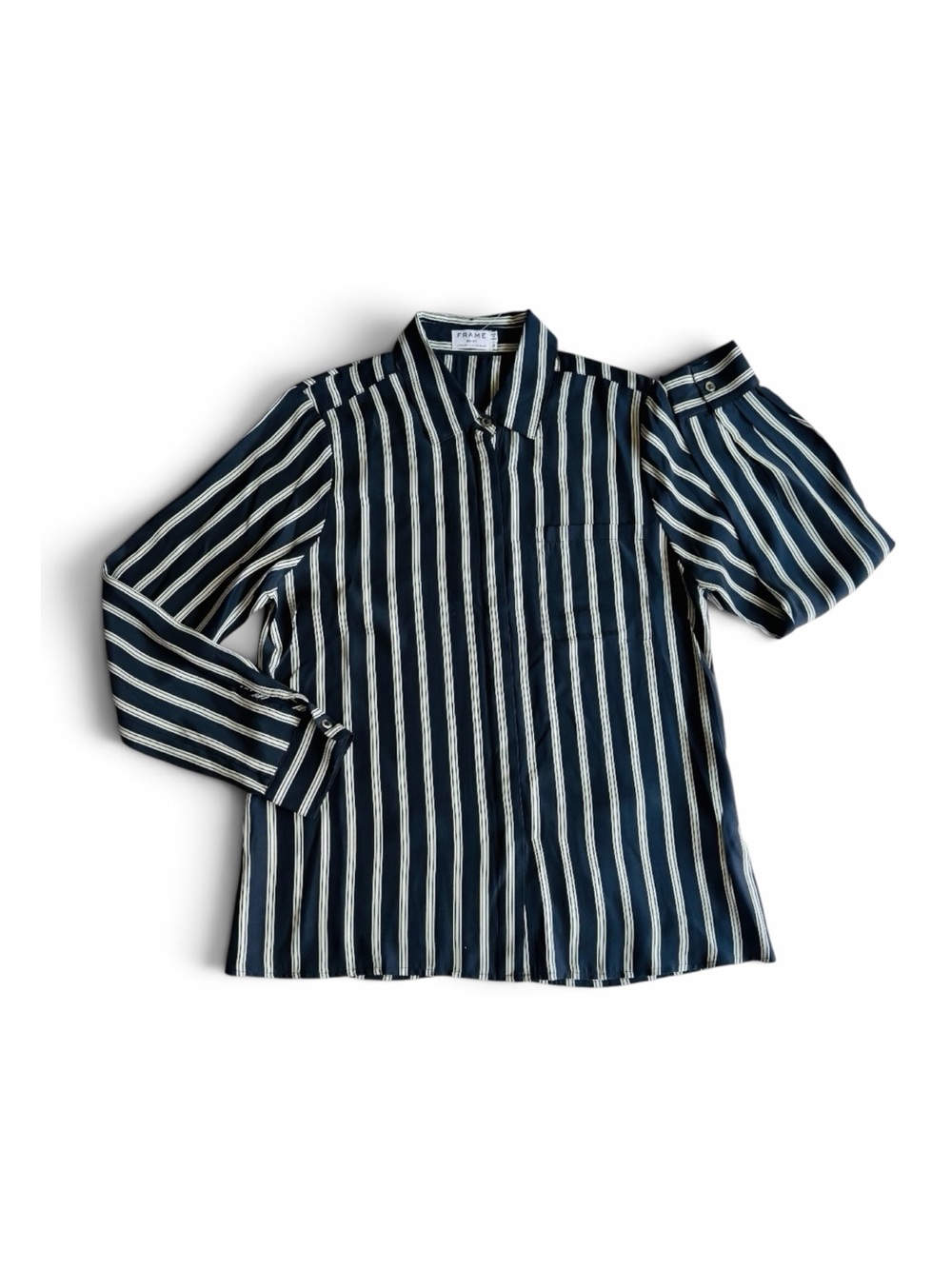 ★ Frame NWT Limited Edition 100% Silk Striped Long Sleeve Button Up Top Blue M ★